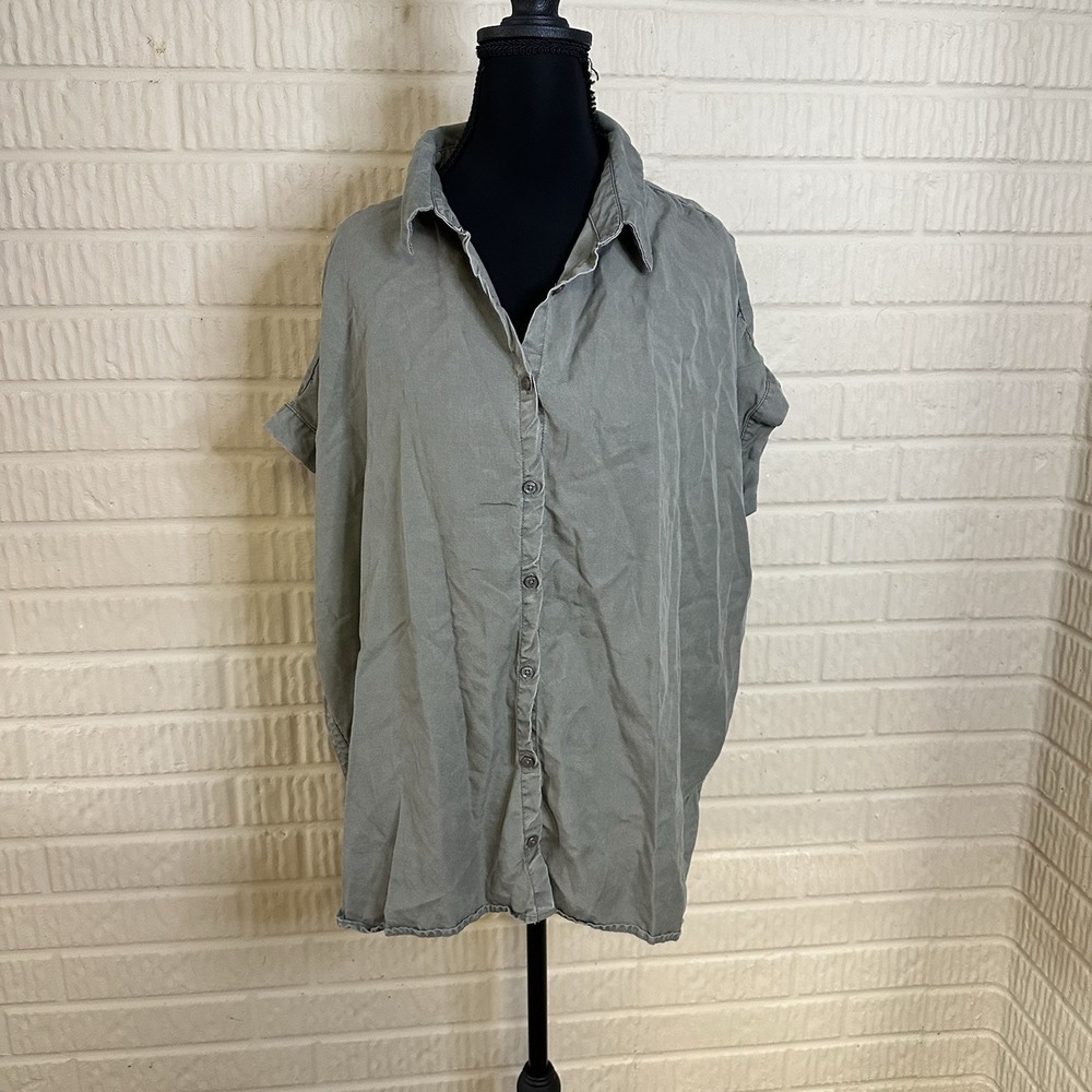 Quince Vintage Wash Tencel Camp Button Down Shirt Sz XL Green Vacation Layering